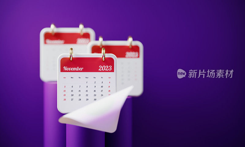 红色2023 11月桌面日历坐在紫色的讲台前紫色的背景